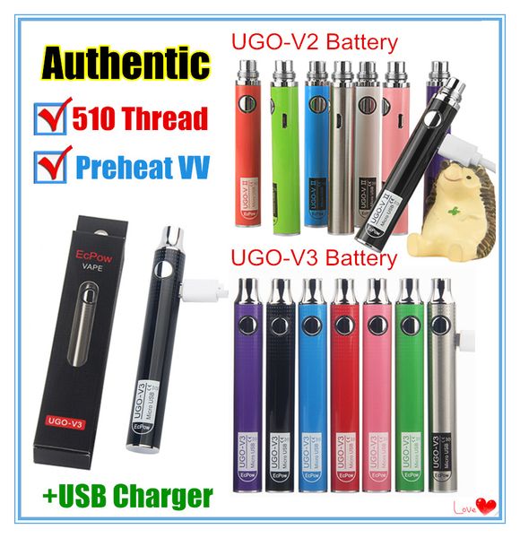 

Аутентичные UGO-V II 2 510 Резьба Vape Pen UGO V3 Комплекты батарей разогрева с переменным напряжением EVOD eGo Micro USB Сквозные картриджи для аккумуляторов