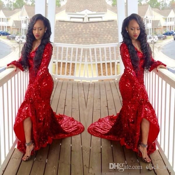 african red long sleeves prom dresses deep v neck sequins lace sweep train mermaid evening gowns 2019 vestidos party dress, Black
african red long sleeves prom dresses deep v neck sequins lace sweep train mermaid evening gowns 2019 vestidos party dress, Black