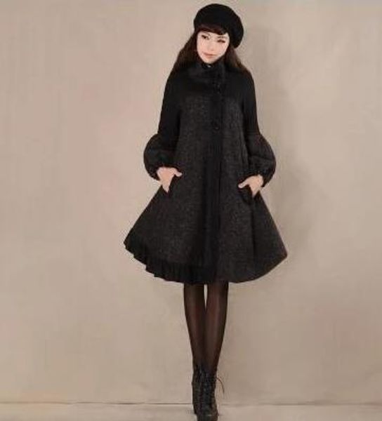 cloak coat s-3xl 2019 new wool jacket women's stand collar ruffles patch overcoat autumn winter lantern sleeve cashmere coat, Black
cloak coat s-3xl 2019 new wool jacket women's stand collar ruffles patch overcoat autumn winter lantern sleeve cashmere coat, Black