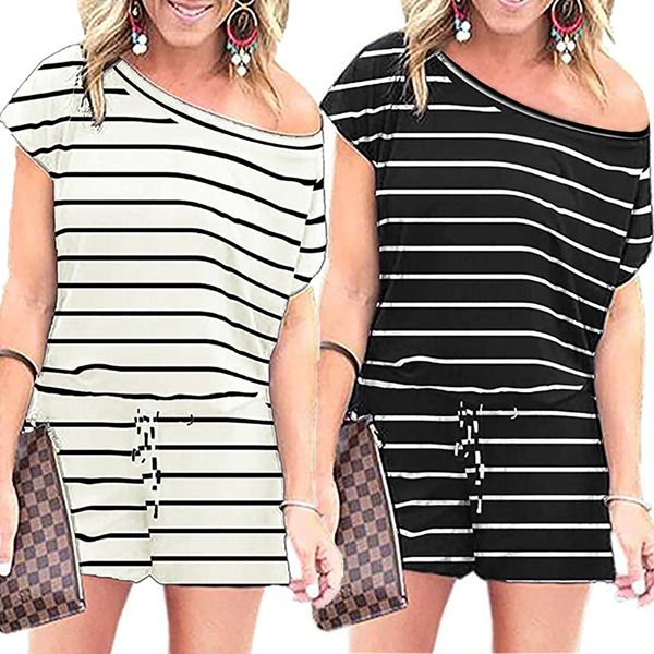 fashion stripe print slant shoulder jumpsuits women summer off shoulder short sleeve bodysuits casual white black rompers, Black;white
fashion stripe print slant shoulder jumpsuits women summer off shoulder short sleeve bodysuits casual white black rompers, Black;white