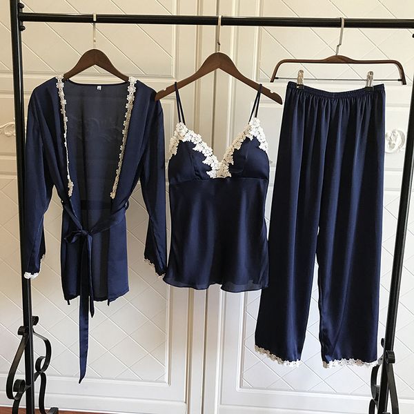 july's song 3 peice woman autumn winter pajamas set lace sling satin silk pajamas sleepwear for women long sleeves homewear, Blue;gray
july's song 3 peice woman autumn winter pajamas set lace sling satin silk pajamas sleepwear for women long sleeves homewear, Blue;gray