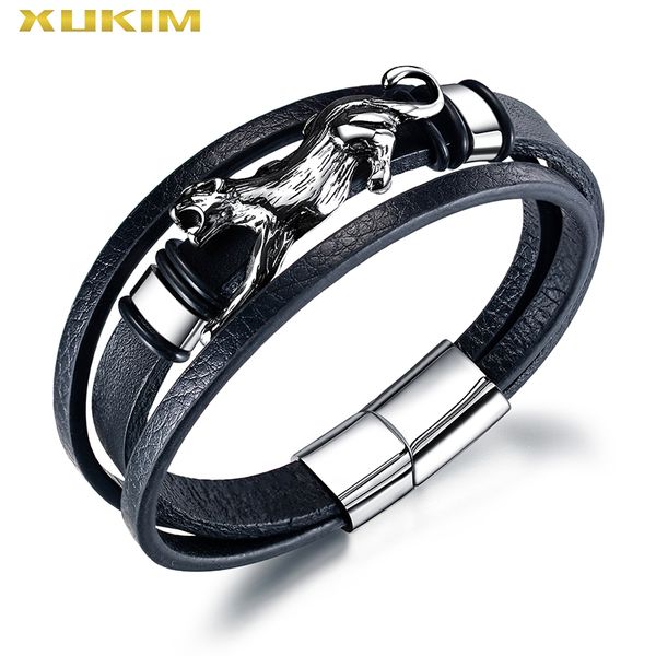 xukim jewelry multi-layer leather bracelet men fasion magnetic buckle sliver stainless steel leopard bracelet punk kbo233, Black
xukim jewelry multi-layer leather bracelet men fasion magnetic buckle sliver stainless steel leopard bracelet punk kbo233, Black