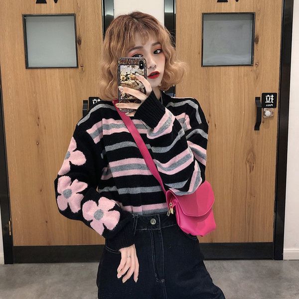 women's sweaters 2021 spring and autumn korean loose wild striped round neck shirt pullover long sleeve sweater women, White;black
women's sweaters 2021 spring and autumn korean loose wild striped round neck shirt pullover long sleeve sweater women, White;black
