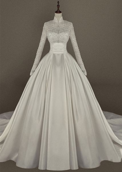 women's vintage a-line long satin muslim wedding dresses with pockets long sleeve white covered back with buttons bridal gowns custom
women's vintage a-line long satin muslim wedding dresses with pockets long sleeve white covered back with buttons bridal gowns custom