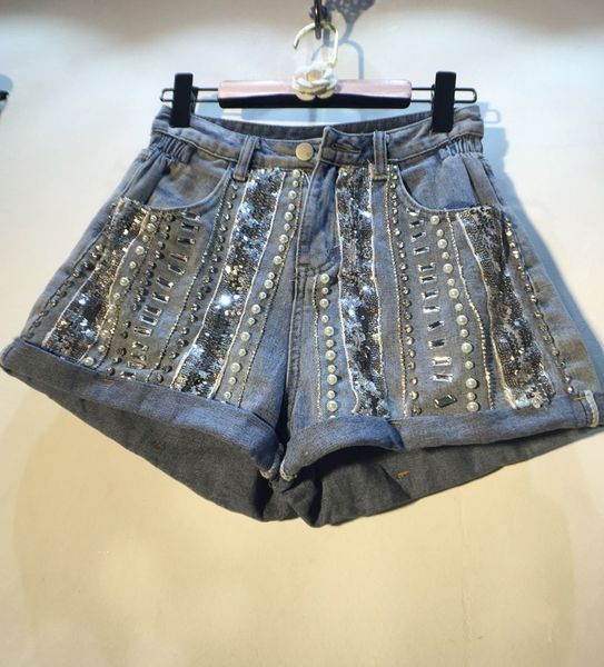 2019 summer new heavy hand studded beads sequins diamond high waist thin broad leg denim shorts female pants student shorts, Blue
2019 summer new heavy hand studded beads sequins diamond high waist thin broad leg denim shorts female pants student shorts, Blue