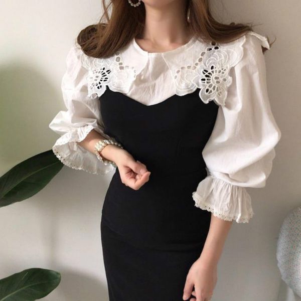 2020 spring new korean chic sweet women sets hollow out turn-down collar blouses and black slim knit dresses 2 pcs set, White
2020 spring new korean chic sweet women sets hollow out turn-down collar blouses and black slim knit dresses 2 pcs set, White