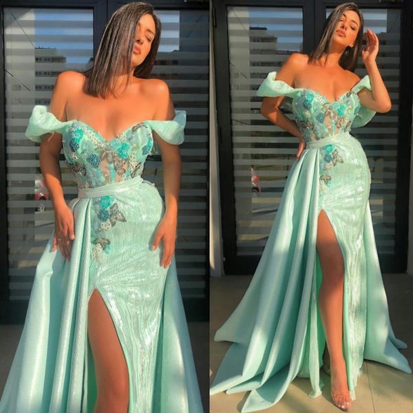 mint green high split mermaid prom dresses with overskirts sequins lace formal evening dress special occasion dress formal vestidos, Black;red 
mint green high split mermaid prom dresses with overskirts sequins lace formal evening dress special occasion dress formal vestidos, Black;red