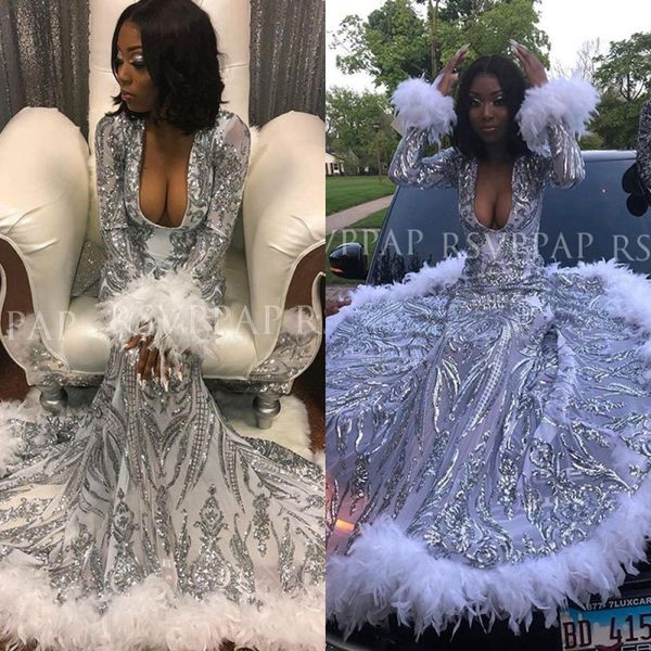 long white mermaid prom dresses 2020 new arrival sparkly silver sequin v-neck long sleeve feathers african girl prom gowns, Black
long white mermaid prom dresses 2020 new arrival sparkly silver sequin v-neck long sleeve feathers african girl prom gowns, Black