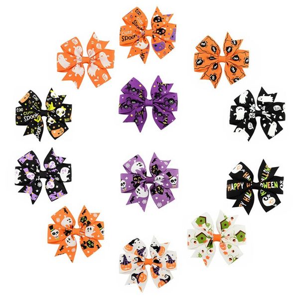 halloween hair bow with clips for kids hair pumpkin bow halloween accessories 12 styles, Golden;white