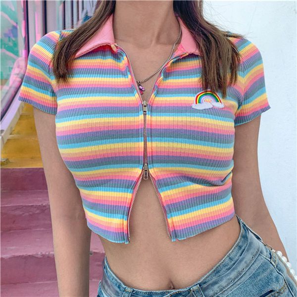 women rainbow short sleeve t shirt v neck zipper rainbow striped short sleeve pullover t shirt fashion casual, Black;white
women rainbow short sleeve t shirt v neck zipper rainbow striped short sleeve pullover t shirt fashion casual, Black;white