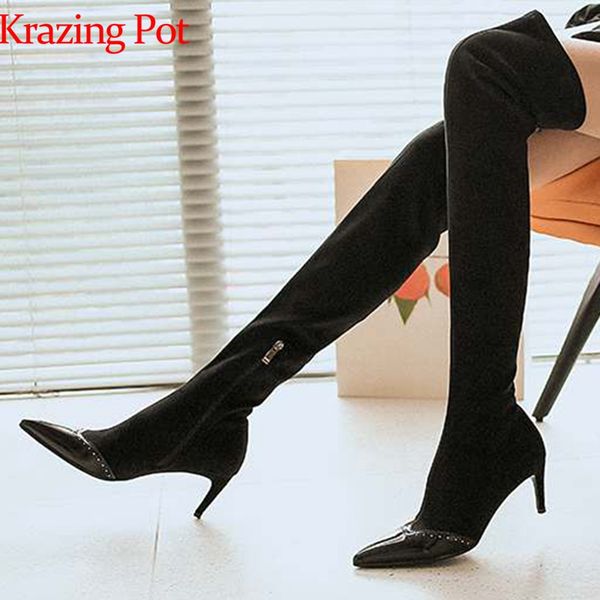 boots krazing pot genuine leather thin high heels pointed toe carving rivets metal fasteners quality stretch long l93, Black
boots krazing pot genuine leather thin high heels pointed toe carving rivets metal fasteners quality stretch long l93, Black