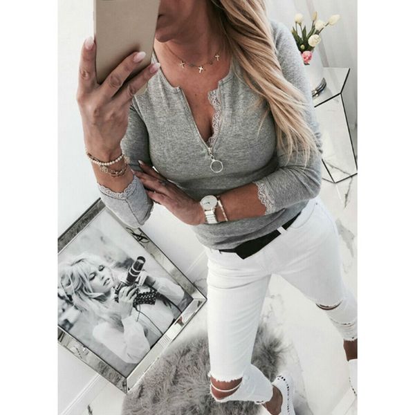 мода женщины с длинным рукавом молния v-образным вырезом кружева осень зима блузка топы дамы повседневная обтягивающая футболка sexy slim fi, White
мода женщины с длинным рукавом молния v-образным вырезом кружева осень зима блузка топы дамы повседневная обтягивающая футболка sexy slim fi, White