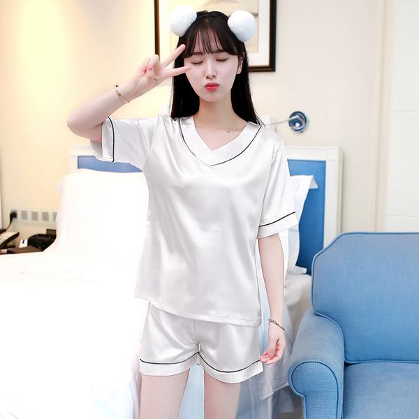 2019 summer silk satin shorts pajama sets for women short sleeve v-neck sleepwear pijama mujer homewear loungewear two piece set, Blue;gray 
2019 summer silk satin shorts pajama sets for women short sleeve v-neck sleepwear pijama mujer homewear loungewear two piece set, Blue;gray