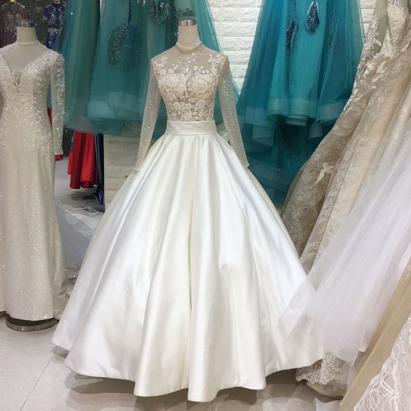 elegant ball gown high neck wedding dress with long sleeve lace appliques crystals beading see through wedding dress long bridal gown, White
elegant ball gown high neck wedding dress with long sleeve lace appliques crystals beading see through wedding dress long bridal gown, White
