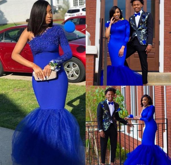 2019 royal blue prom dresses one shoulder long sleeves lace applique satin tulle mermaid women formal evening party gowns custom size, Black;red
2019 royal blue prom dresses one shoulder long sleeves lace applique satin tulle mermaid women formal evening party gowns custom size, Black;red