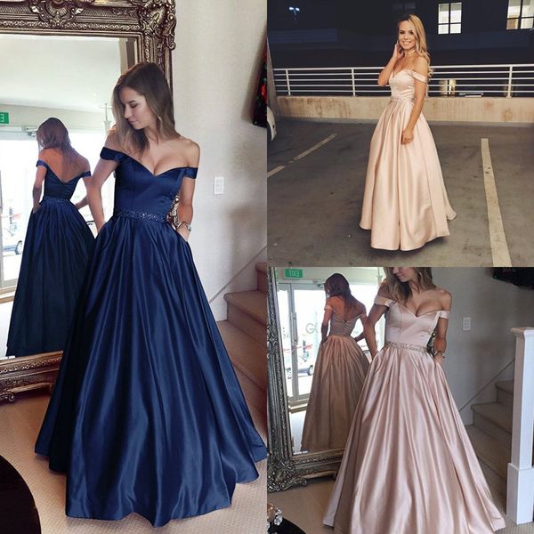 a line royal blue pink prom dresses red off the shoulder satin evening gowns with pockets graduation dress beaded crystal rhinestone sash, Black
a line royal blue pink prom dresses red off the shoulder satin evening gowns with pockets graduation dress beaded crystal rhinestone sash, Black