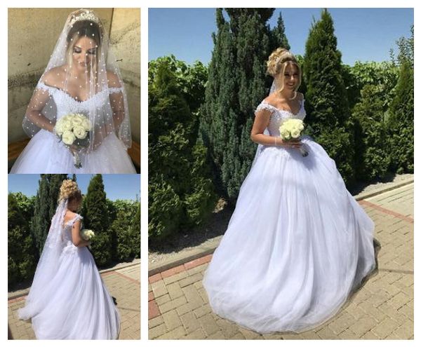 romantic pearls crystal wedding gown dresses off the shoulder with sleeves tulle country vestido de novia wedding bridal gowns, White
romantic pearls crystal wedding gown dresses off the shoulder with sleeves tulle country vestido de novia wedding bridal gowns, White