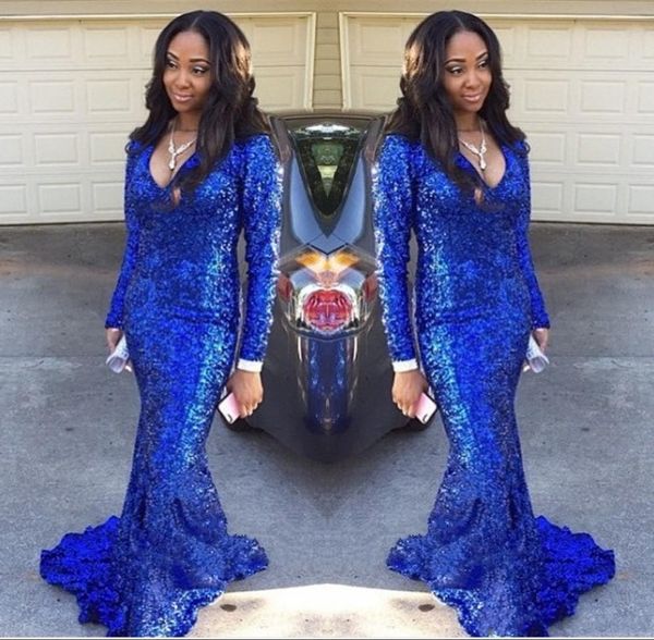 2019 bling royal blue mermaid prom dresses new v-neck sequined long sleeves sweep train custom made party gowns evening dress wear, Black
2019 bling royal blue mermaid prom dresses new v-neck sequined long sleeves sweep train custom made party gowns evening dress wear, Black