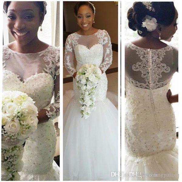 african long sleeves mermaid wedding dress with court train lace appliques butons back women bridal custom plus size weddings gowns, White
african long sleeves mermaid wedding dress with court train lace appliques butons back women bridal custom plus size weddings gowns, White