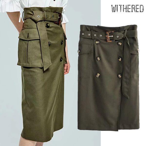 withered england vintage high waist double breasted army green sashes midi skirt women faldas mujer moda 2019 long skirts womens, Black 
withered england vintage high waist double breasted army green sashes midi skirt women faldas mujer moda 2019 long skirts womens, Black