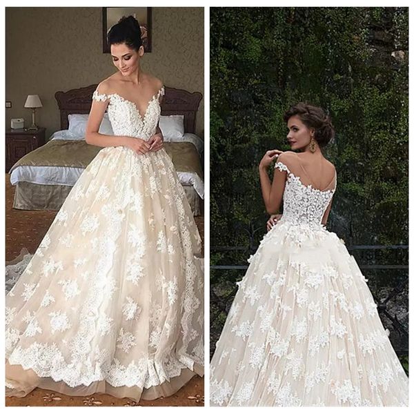 sheer scoop short sleeves lace appliques a-line wedding dresses lace appliques with 3d flowers adorned bridal gowns custom vestidos de marie, White
sheer scoop short sleeves lace appliques a-line wedding dresses lace appliques with 3d flowers adorned bridal gowns custom vestidos de marie, White