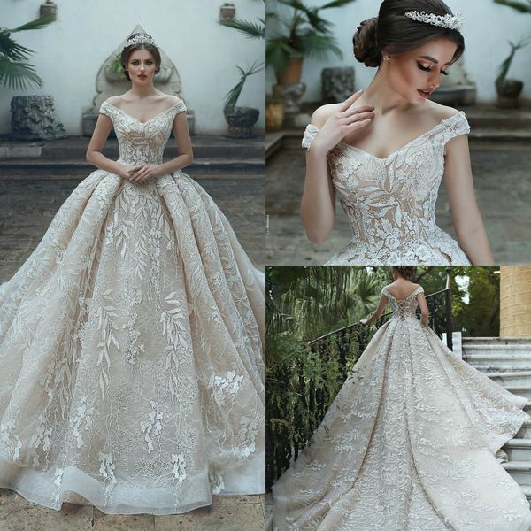 champagne lace ball gown wedding dress off shoulder corset back bridal gown cathedral train dubai arab wedding dress plus size, White
champagne lace ball gown wedding dress off shoulder corset back bridal gown cathedral train dubai arab wedding dress plus size, White
