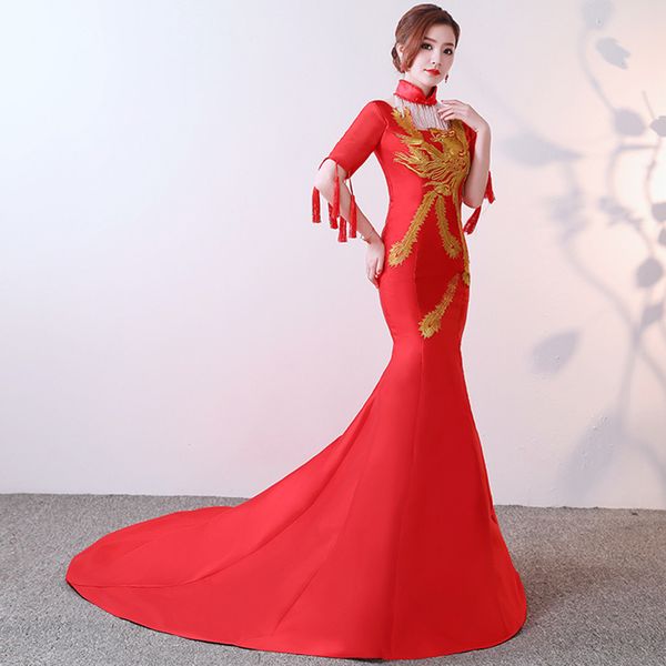 chinese style fashion phoenix embroidery qipao long mermaid trailing cheongsams oriental evening dress vestidos, Red
chinese style fashion phoenix embroidery qipao long mermaid trailing cheongsams oriental evening dress vestidos, Red