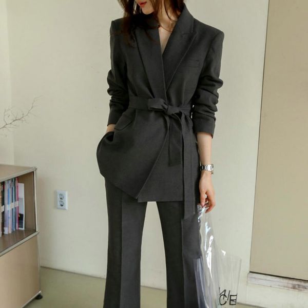 office ladies blazer suit dark gray slim women pant suit korean lace up jacket & high waist pant casual female 2 pieces set 2020, White;black
office ladies blazer suit dark gray slim women pant suit korean lace up jacket & high waist pant casual female 2 pieces set 2020, White;black