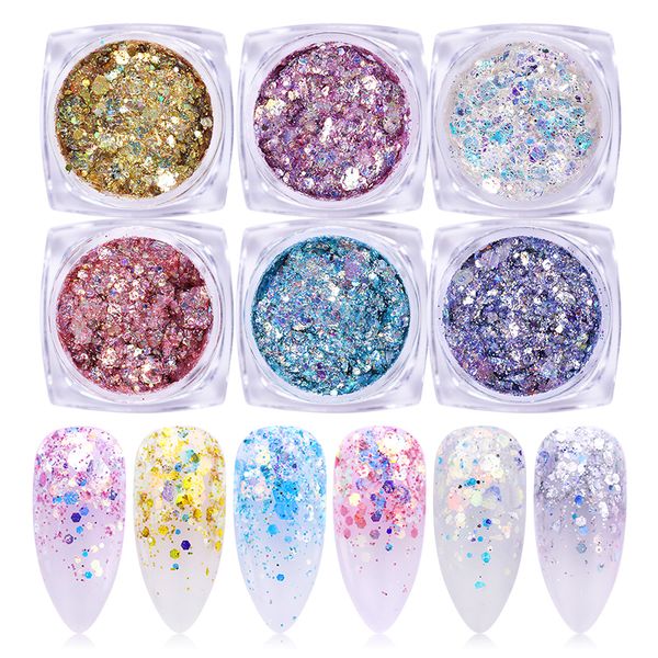 

6 boxes holographic nail glitter set flakes sparkly 3d hexagon laser silver colorful sequins spangles polish gel nails art decor, Silver;gold