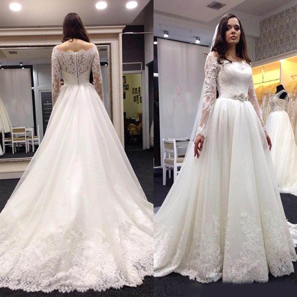 2020 long sleeves lace wedding dresses elegant tulle applique beaded sash sweep train wedding bridal gowns with buttons, White
2020 long sleeves lace wedding dresses elegant tulle applique beaded sash sweep train wedding bridal gowns with buttons, White