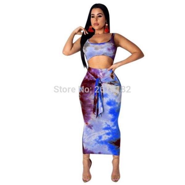 tie dye print women casual two piece set sleeveless crop tank + front tie bodycon midi skirt summer suits clubwear, White 
tie dye print women casual two piece set sleeveless crop tank + front tie bodycon midi skirt summer suits clubwear, White