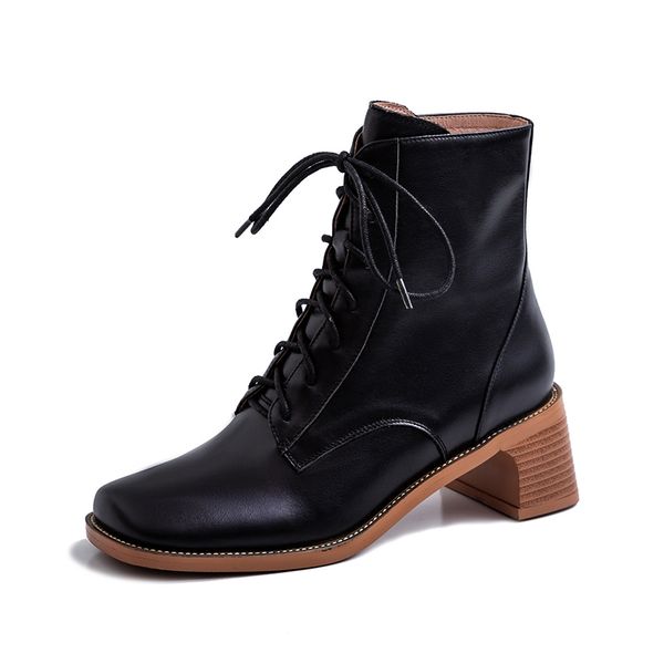 genuine leather mid-heel booties women spring and autumn single boots square head lace up brand women's shoes, Black
genuine leather mid-heel booties women spring and autumn single boots square head lace up brand women's shoes, Black