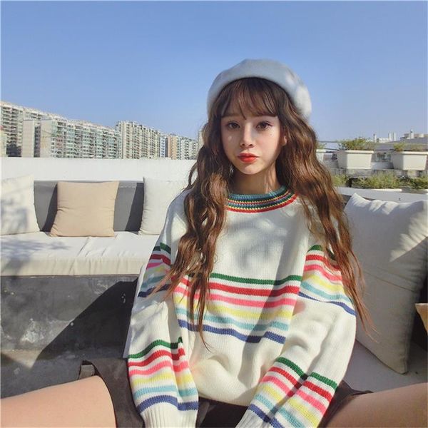women's japanese harajuku cute sweet rainbow stripe loose long sleeve sweater female korean kawaii knitted jumper and pullover, White;black
women's japanese harajuku cute sweet rainbow stripe loose long sleeve sweater female korean kawaii knitted jumper and pullover, White;black