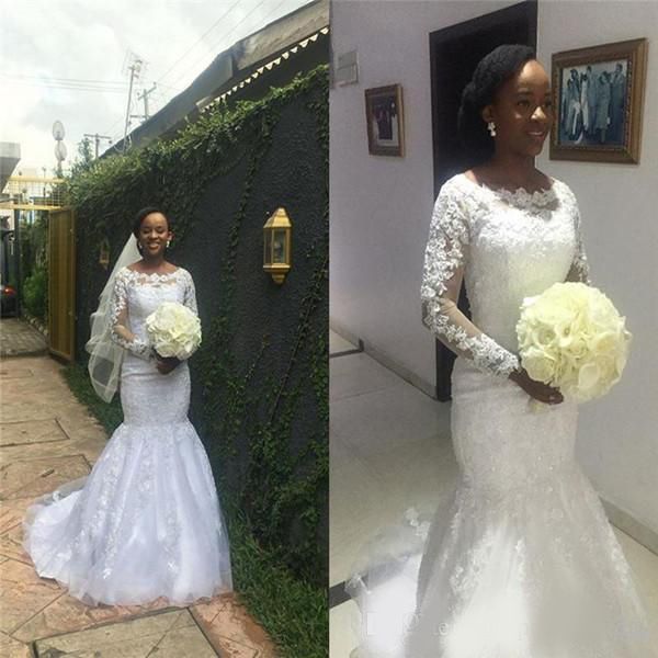 2020 african wedding dresses mermaid jewel long sleeve sweep train bridal gowns with lace applique plus size country wedding gowns, White
2020 african wedding dresses mermaid jewel long sleeve sweep train bridal gowns with lace applique plus size country wedding gowns, White