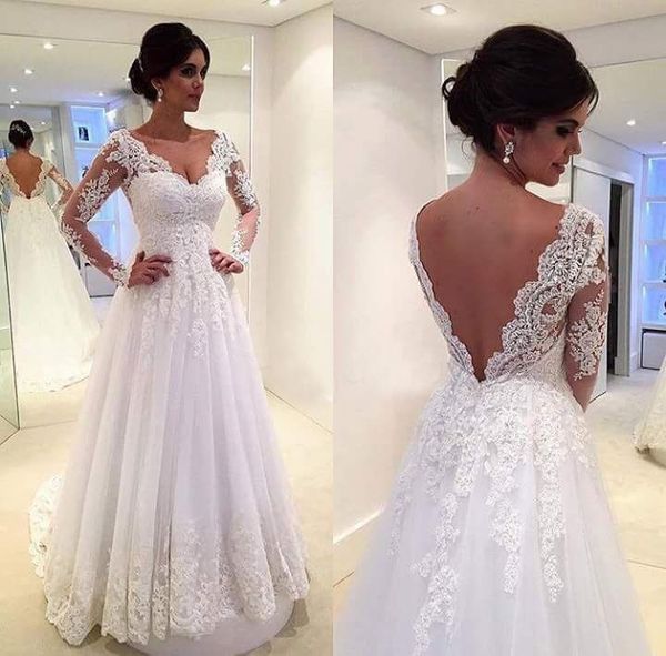 long sleeves tulle wedding dress with appliques bateau new neck bridal gowns backless vestido de novia, White
long sleeves tulle wedding dress with appliques bateau new neck bridal gowns backless vestido de novia, White