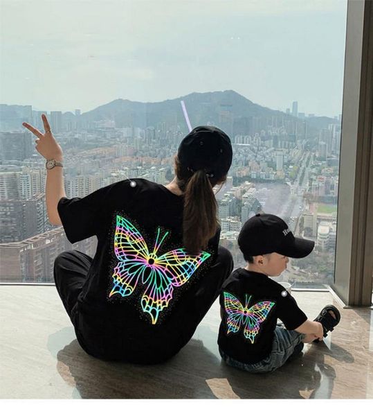 family-friendly 2020 new wave reflective butterfly short-sleeved t-shirt family of three, Blue 
family-friendly 2020 new wave reflective butterfly short-sleeved t-shirt family of three, Blue