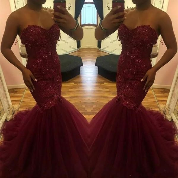 2019 African Burgundy Sweetheart Lace Applique Mermaid Prom Dresses Beads Backless Long Tulle Mermaid Black Girl Evening Dress Pageant Gowns
2019 African Burgundy Sweetheart Lace Applique Mermaid Prom Dresses Beads Backless Long Tulle Mermaid Black Girl Evening Dress Pageant Gowns
