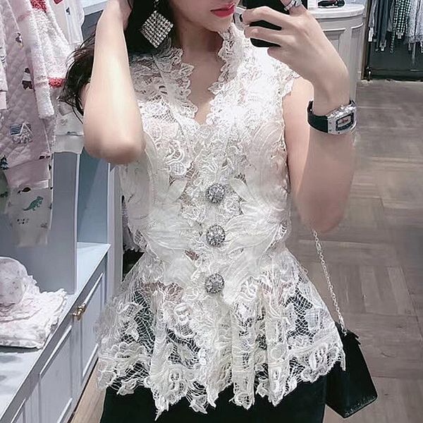 brand designer women lace blouse 2019 summer fashion v neck diamond buttons sleeveless shirts party cocktail, White
brand designer women lace blouse 2019 summer fashion v neck diamond buttons sleeveless shirts party cocktail, White