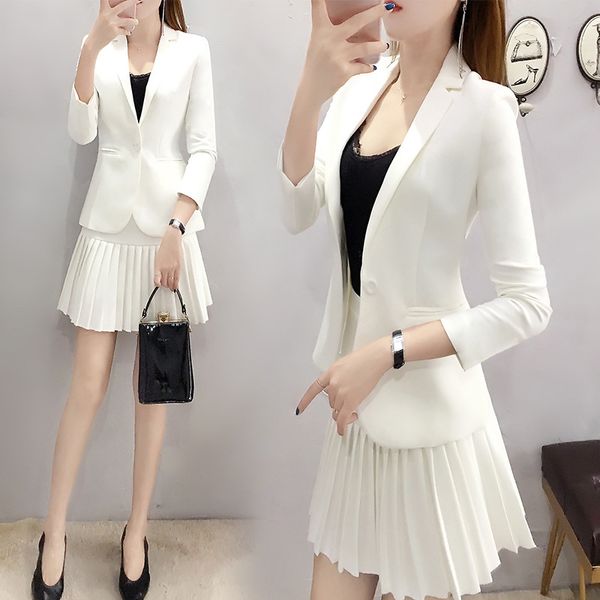 women's suit spring and autumn new white suit korean fashion high waist pleated skirt two-piece temperament ladies, White;black
women's suit spring and autumn new white suit korean fashion high waist pleated skirt two-piece temperament ladies, White;black