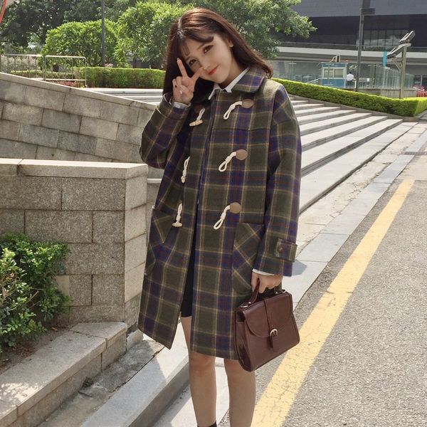 autumn winter new horn button plaid women's woolen coat jacket female long paragraph students loose thick womens coat, Black
autumn winter new horn button plaid women's woolen coat jacket female long paragraph students loose thick womens coat, Black