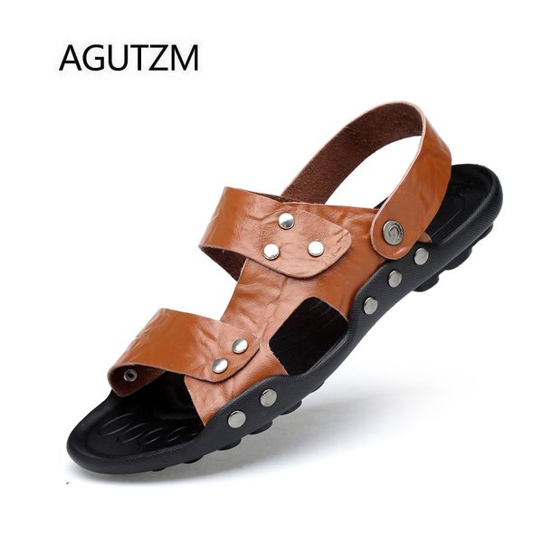 

agutzm 6807 new fashion rivets slip on style soft split leather 2018 summer popular men's sandals plus size 45 46 47, Black