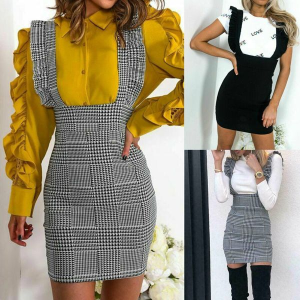 women straps braces skirts frill ruffle trim high waist bodycon pencil check skirts plaids party casual summer fall mini skirt, Black
women straps braces skirts frill ruffle trim high waist bodycon pencil check skirts plaids party casual summer fall mini skirt, Black