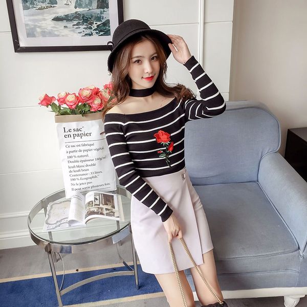 womens slash neck striped sweaters embroidery flower pullovers slim long sleeve jumpers rk, White;black
womens slash neck striped sweaters embroidery flower pullovers slim long sleeve jumpers rk, White;black