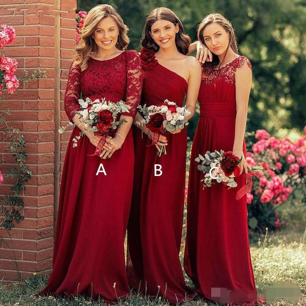 2020 burgundy bridesmaid dresses 3/4 long sleeves cap one shoulder chiffon lace pleats maid of honor gown country wedding party formal wear, White;pink
2020 burgundy bridesmaid dresses 3/4 long sleeves cap one shoulder chiffon lace pleats maid of honor gown country wedding party formal wear, White;pink
