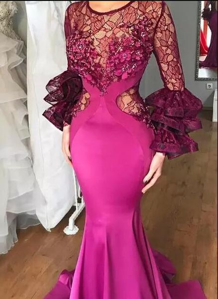 sheer lace long sleeves prom dresses fuchsia color satin mermaid evening gowns south african women formal party dress formal wear, Black
sheer lace long sleeves prom dresses fuchsia color satin mermaid evening gowns south african women formal party dress formal wear, Black