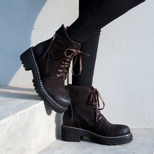 british fashion thick bottom lace up round toe womens nubuck boots harajuku vintage motorcycle side zipper platform cargo boots, Black
british fashion thick bottom lace up round toe womens nubuck boots harajuku vintage motorcycle side zipper platform cargo boots, Black
