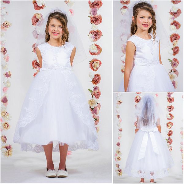 2019 wholesale lovely lace overlay flower girl dresses jewel neck applique bow sash tea length white holy communion gowns, White;blue
2019 wholesale lovely lace overlay flower girl dresses jewel neck applique bow sash tea length white holy communion gowns, White;blue