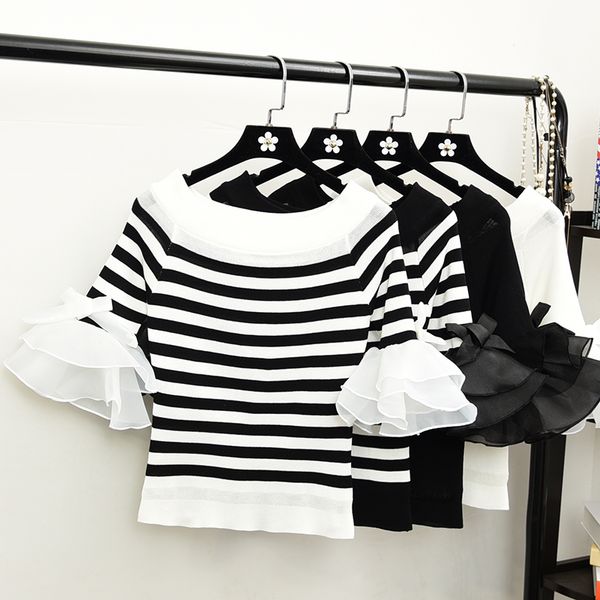 new fashion women o-neck bow ruffles flare half sleeve short design striped spring autumn sweater female knitted lace pullover, White;black
new fashion women o-neck bow ruffles flare half sleeve short design striped spring autumn sweater female knitted lace pullover, White;black