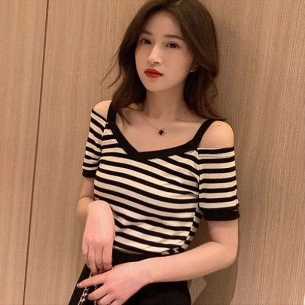 chic hong kong style one-character v-neck shoulder-exposed ice silk sweater women's summer short-sleeved slim tight striped base shirt, White
chic hong kong style one-character v-neck shoulder-exposed ice silk sweater women's summer short-sleeved slim tight striped base shirt, White