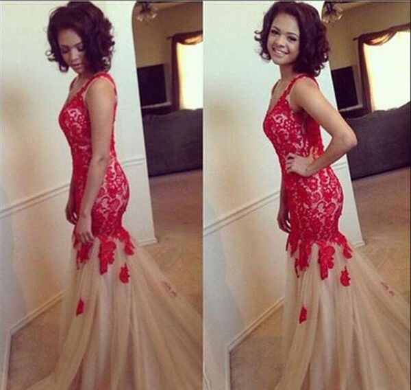 2019 long champagne tulle mermaid prom dresses deep v neck with red lace applique off shoulder evening party gowns floor length, Black
2019 long champagne tulle mermaid prom dresses deep v neck with red lace applique off shoulder evening party gowns floor length, Black